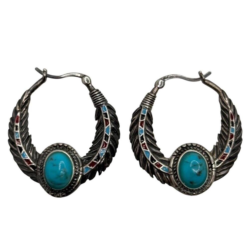 BGE Bradford Exchange Sterling Silver Turquoise‎ Enamel Sedona Sky Hoop Earrings